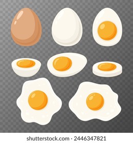 Vector Fried Egg, Sunny-Side-Up and Hard Boiled Egg Set, Closeup, Isolated. Healthy Breakfast, Protein Food Clipart. Whole and Sliced Egg Design Templates