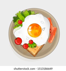 Vector fried eggs with greens on a plate. A healthy breakfast of fried eggs with herbs.
