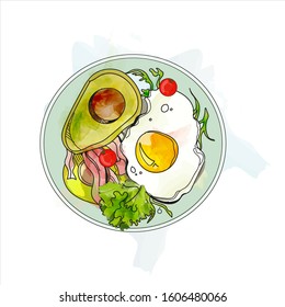 Vector fried eggs with greens on a plate. A healthy breakfast of fried eggs with herbs.