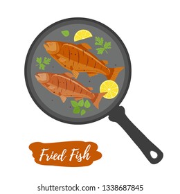 Vector fried fish on frying pan, cooked sea food with lemon, herbs. Gourmet cuisine, roasted meat.
