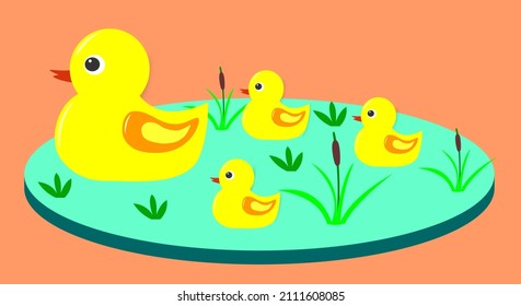 Vector friend of the mother duck and her cute yellow children swimming in the pond there is grass, Best for decorating property pictures