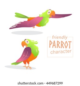 Vector friendly bird character isolated on white background. Happy and cheerful friendly parrot standing, flying. Cartoon character style.