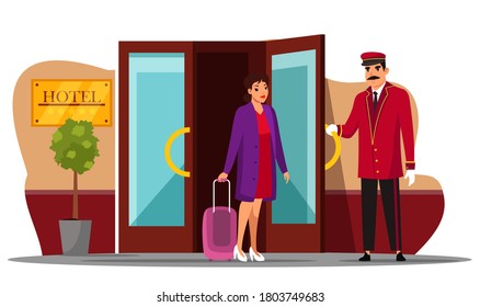 Vector friendly smiling porter man meeting hotel guest. Doorkeeper concierge character in suit uniform greeting woman open entrance door for visitor. Professional staff and hospitality service