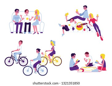 Vector friends hanging out together set. Male, female young characters riding bikes, playing card games, going out outdoor at picnic, chatting sitting at chair. Teen guys, girls having fun together.