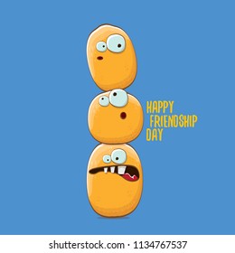vector friends tiny potato characters having fun isolated on blue background. Happy Friendship day vector illustration. funky kids potato with friends
