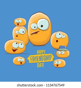 vector friends tiny potato characters having fun isolated on blue background. Happy Friendship day vector illustration. funky kids potato with friends