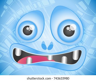 Vector frightened funny cartoon blue monstrous in a translucent cell. On a blue radial gradient background