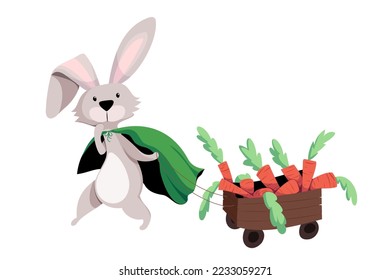 Vector frightened gray hare in a green cloak drags a cart with a beautiful carrot.