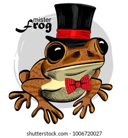 Vector frog with black hat and red bow. Hand drawn illustration of dressed frog. 