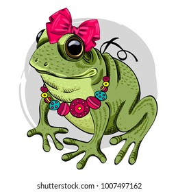 Vector frog with bow and . Hand drawn illustration of dressed frog. 