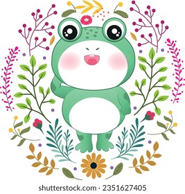 Vector Frog flower Wreath. Vector colorful illustration with frog and flowers