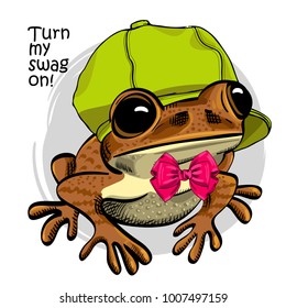 Vector frog with green cap and red bow. Hand drawn illustration of dressed frog. 