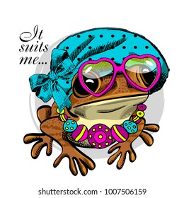 Vector frog with hat, glasses and necklace . Hand drawn illustration of dressed frog. 