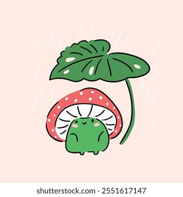 Ilustración de rana de Vector en estilo de dibujos animados. Pequeña rana en sombrero de seta bajo la hoja de monstera. Diseño de cartel o tarjeta de vivero kawaii.