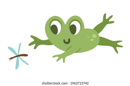 Vector frog jumping for dragonfly. Funny woodland swamp animal. Cute forest illustration for kids isolated on white background. Green cartoon toad icon
