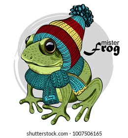 Vector frog with knitted hat. Hand drawn illustration of dressed frog. 