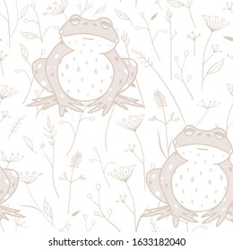 Vector Frog on Meadow Florals in Soft Beige seamless pattern background.