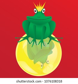 Vector frog prince set wearing crowns while one sitting on gold ball isolated on red