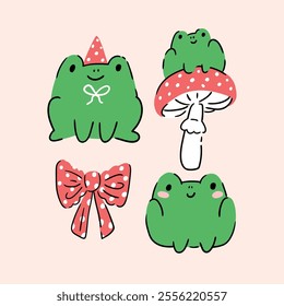 Vector frog sticker set. Funny frog characters isolated on pink background. Mushroom, animals and bow.