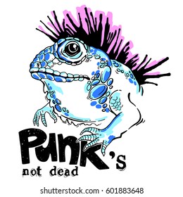 Vector frog and words Punks Not Dead  Inspiration phrase  Dragon animal  Wildlife art illustration  Can be printed T  shirts  bags  posters  invitations  cards  phone cases  pillows 