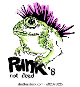 Vector frog with words Punks Not Dead. Inspiration phrase. Dragon animal. Wildlife art illustration. Can be printed on T-shirts, bags, posters, invitations, cards, phone cases, pillows.