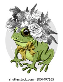 Vector frog with wreath. Hand drawn illustration of dressed frog. 