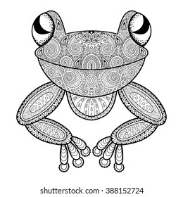 Vector Frog, zentangle african Frog, adult anti stress coloring page. Hand drawn artistically Frog, ornamental patterned illustration. Animal collection. Print for tattoo design, t-shirt and fabric.