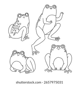 Vector frogs set. Catroon childish frog characters illustrations, line art on the white background