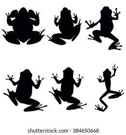 Vector frogs silhouette on the white background. Six frog silhouettes. Collection of vector frogs silhouette isolated. Vector silhouettes of frogs , top view