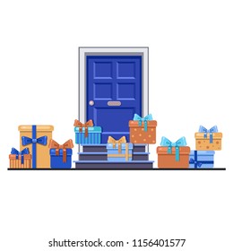 Vector front door with lots of different blue and brown presents. Collection of bright cartoon gifts. Holiday boxes with bows, stripes and spots in front of an entrance. Surprise