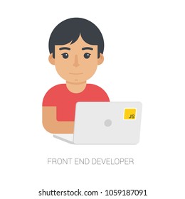 Vector Front End Developer Flat Illustration Boy with Notebook in Red T-Shirt