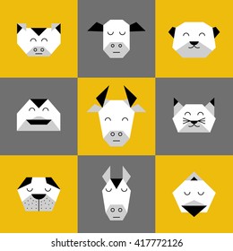 Vector front view animal heads. Animal triangle icon set. Vector polygonal animals. Geometric line design animals icon set. Vector polygonal animals. Animal triangle heads.   Farm animals collection. 