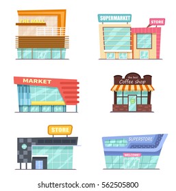 Vector front view  set of shop, mall, store and supermarket buildings in flat cartoon style  isolated on white
