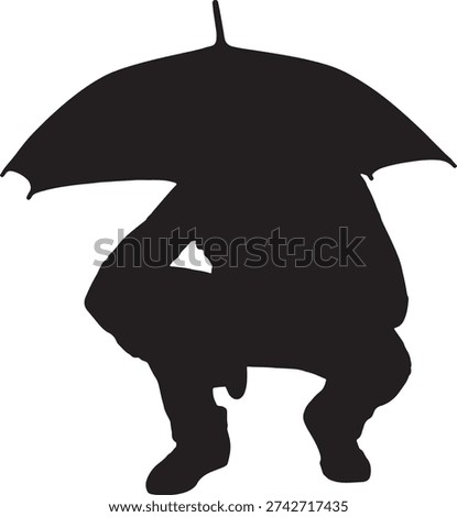 vector, front view silhouette of a man squatting with an open umbrella