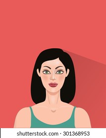 Vector frontal portrait of a young caucasian dark haired woman woman on a bright pink, orange background with a shadow.. Avatar, user icon, poster.
Easy editable vector 10 eps file.
