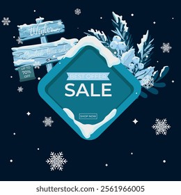 Vector frost winter sale label with wooden sign board covered with snow 70% off, leaves, mistletoe, snowflake, holly berries and fir branches. Sale banner template. Icy winter discount, special offer.