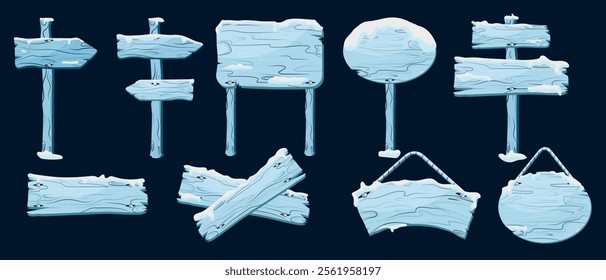 Vector frost wooden sign boards set covered with snow. Wood icy road banners, hanging boards and direction arrow with snow caps. Snowy information boards, blank guideposts, direction pointers.