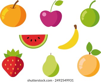 Vektorgrafik Obst Apfel Banane Melone Orange Kokosnuss Heidelbeer Wassermelone Kirsche Erdbeere Kiwi Zitrone Birne Pfirsich Pfirsich Ananas Avocado Mango