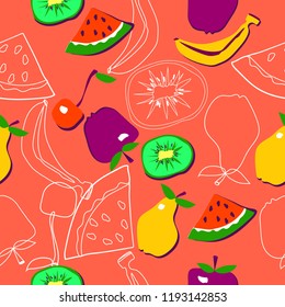 vector fruit Apple, banana, pear, kiwi, watermelon, cherry colorful seamless pattern on pink background for use in design, textile, Wallpaper, packaging