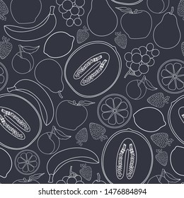 Vector Fruit Apples Oranges Grapes Strawberries Pears Bananas Cantaloupe Lemons Plums on Gray Seamless Repeat Pattern