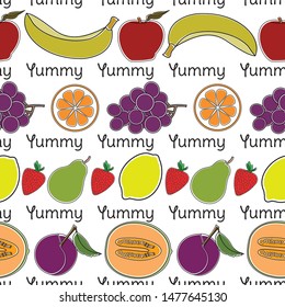 Vector Fruit Apples Oranges Grapes Strawberries Pears Bananas Cantaloupe Lemons Plums on White Seamless Repeat Pattern