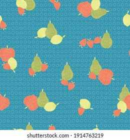 Vector Fruit Apples Pears Strawberries Lemons Ditsy Print on Blue Seamless Repeat Pattern. Background for textiles, cards, manufacturing, wallpapers, print, gift wrap and scrapbooking.