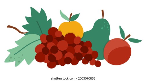 Vector fruit arrangement. Cute horizontal set with apples, pear and grapes. Autumn garden composition clipart. Fall season harvest icon isolated on white background