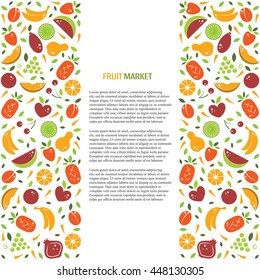 Vector fruit banner or flyer template with organic fruits. Conceptual illustration of healthy food made in flat style with place for your text. Perfect for menu, fruit market, juice bar illustration.