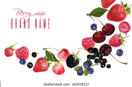 Vector fruit banner with mix of falling berries on white background. Design for natural cosmetics, dessert menu, sweets and pastries filled with berries, health care products. With place for text