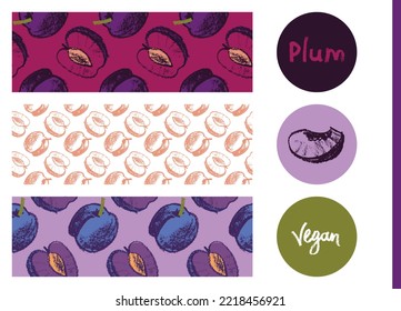 Vector fruit banner templates for vegan fruit banner, prune label background. Drawings of plum pattern seamless. Baby food packaging, juice label design. Organic jam, confectionery package, flyer.