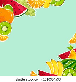 Vector fruit banners on turquoise  background. Mobile Big collection of different fresh fruit. Vector.
