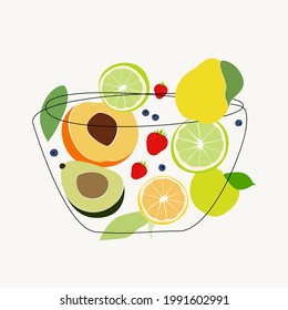 Vector fruit basket. In the basket are strawberries, blueberries, apple, pear, lime, orange, peach, avocado. Summer and paradise background. Wallpaper, print, wrapping paper, modern textile design