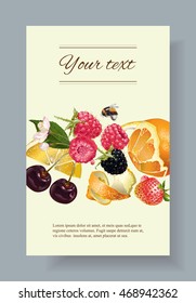 Vector fruit and berry banner. Design for juice, tea, ice cream, jam, natural cosmetics, sweets and pastries filled with fruit, dessert menu, health care products. With place for text