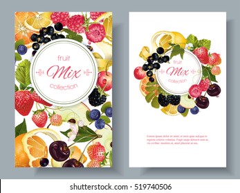 Vector Fruit And Berry Banners. Design For Juice, Tea, Ice Cream, Jam, Natural Cosmetics, Sweets And Pastries Filled With Fruit, Dessert Menu, Health Care Products. With Place For Text